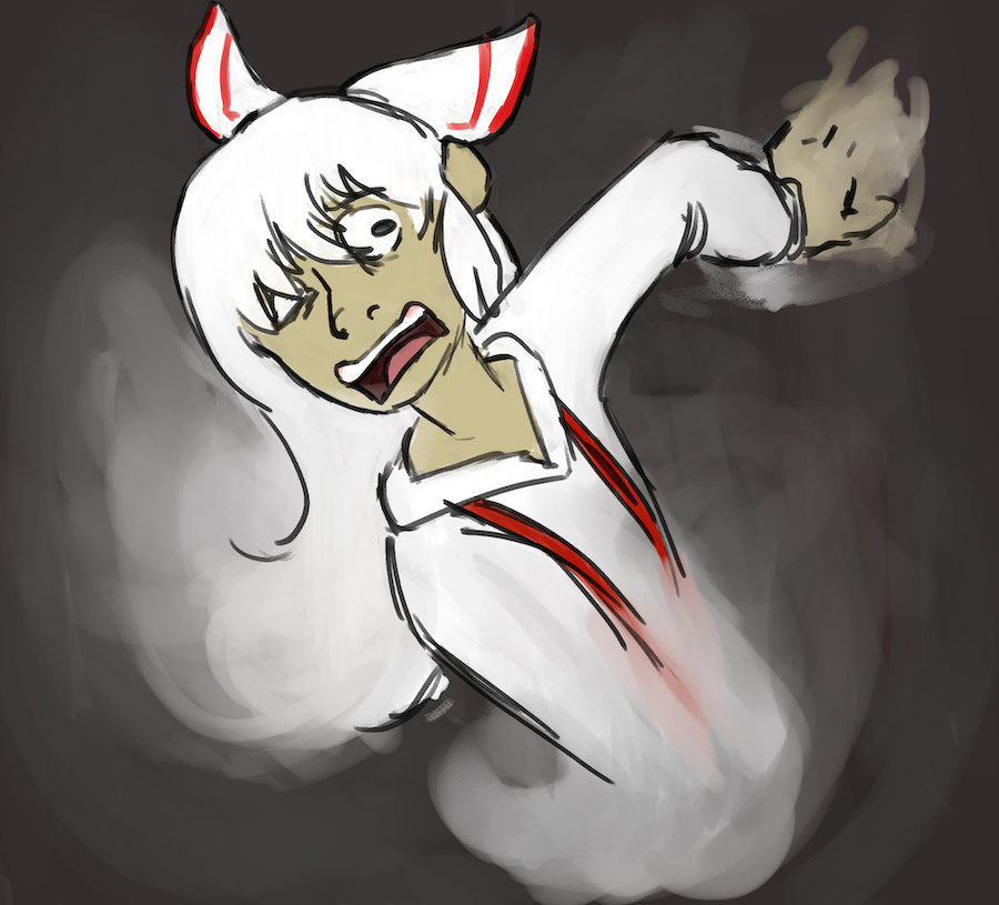 A digital drawing of Fujiwara no Mokou from Imperishable Night. She is disintigrating, with her hair, torso, and arms dissipating into smoke. She has scared expression.
