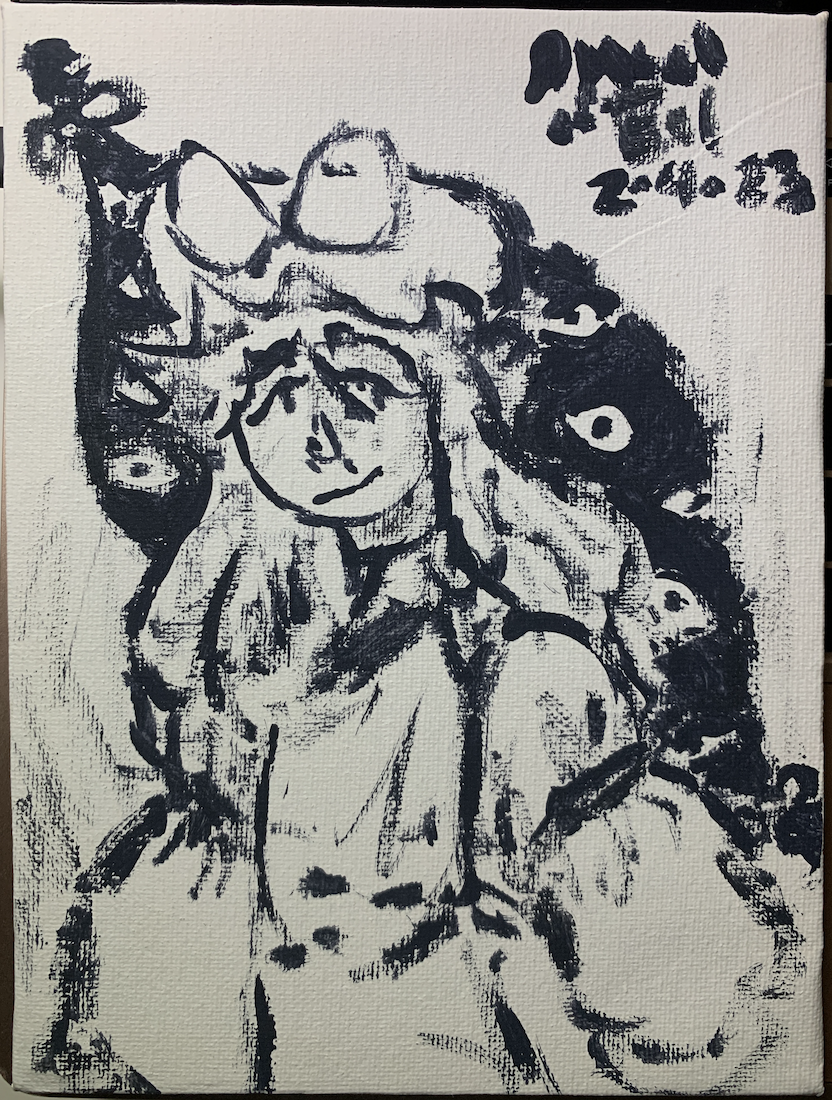 A painting of Yukari Yakumo in black paint. There is a black rift open behind her, several eyes staring out from behind. Yukari looks calm and smiles slightly.